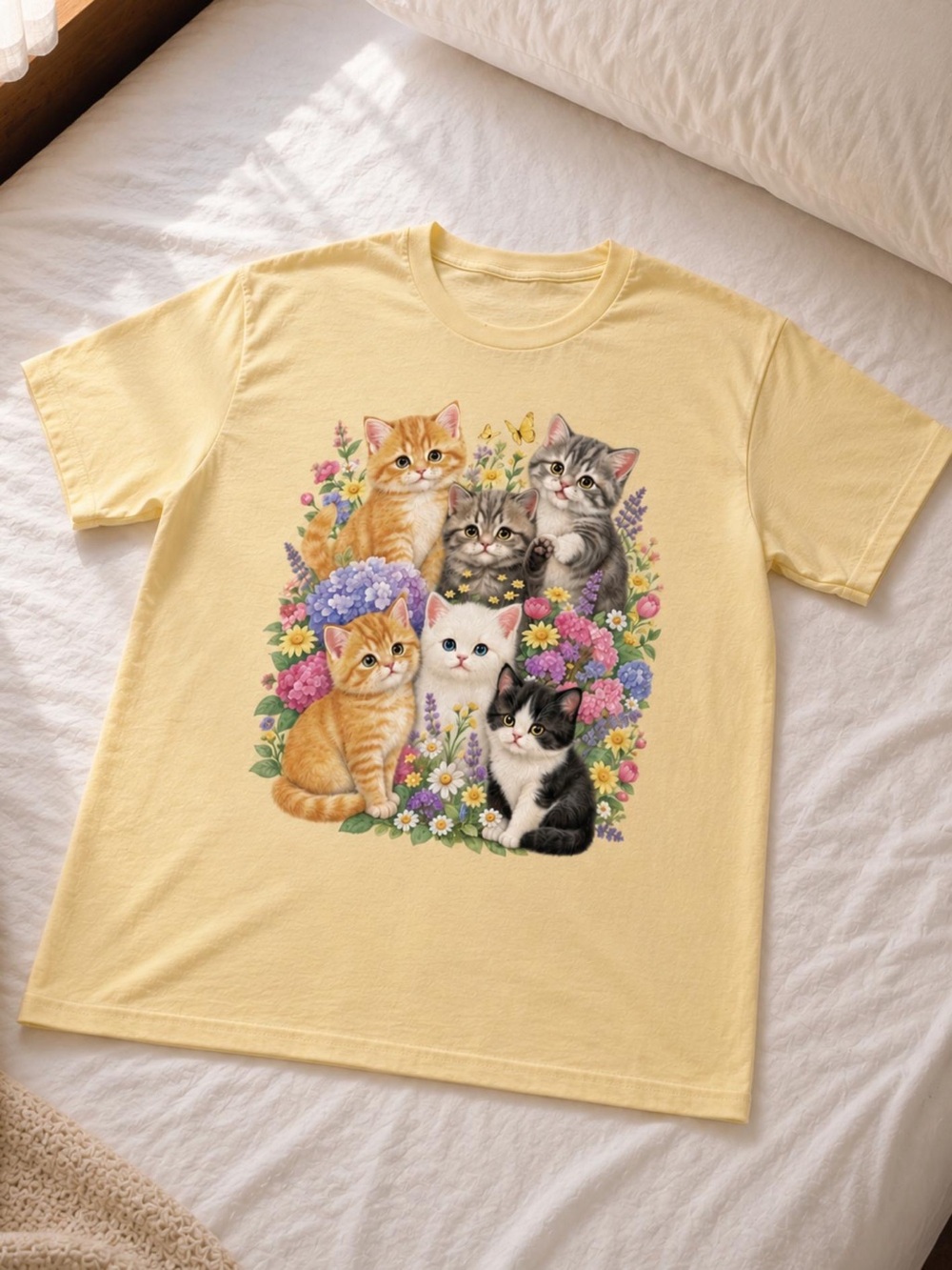 Yellow Haze Cat Bouquet Graphic Tee, Cute Kitten T-Shirt